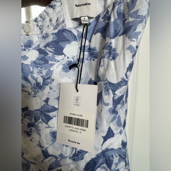 Reformation Monette Linen Dress  Blue Floral Midi Dress - Picture 6 of 7